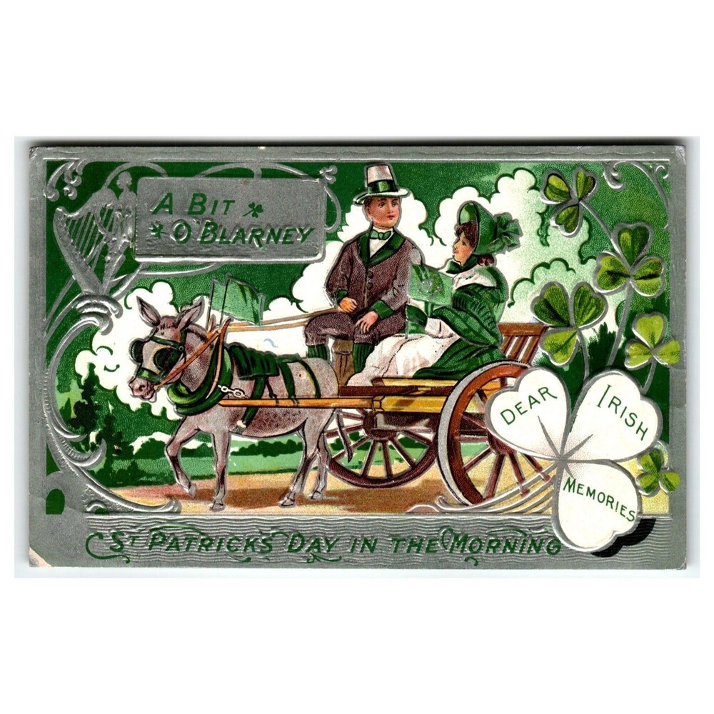 Vintage St. Patrick's Day Embossed Postcard Donkey Cart Irish Blarney 1908-10